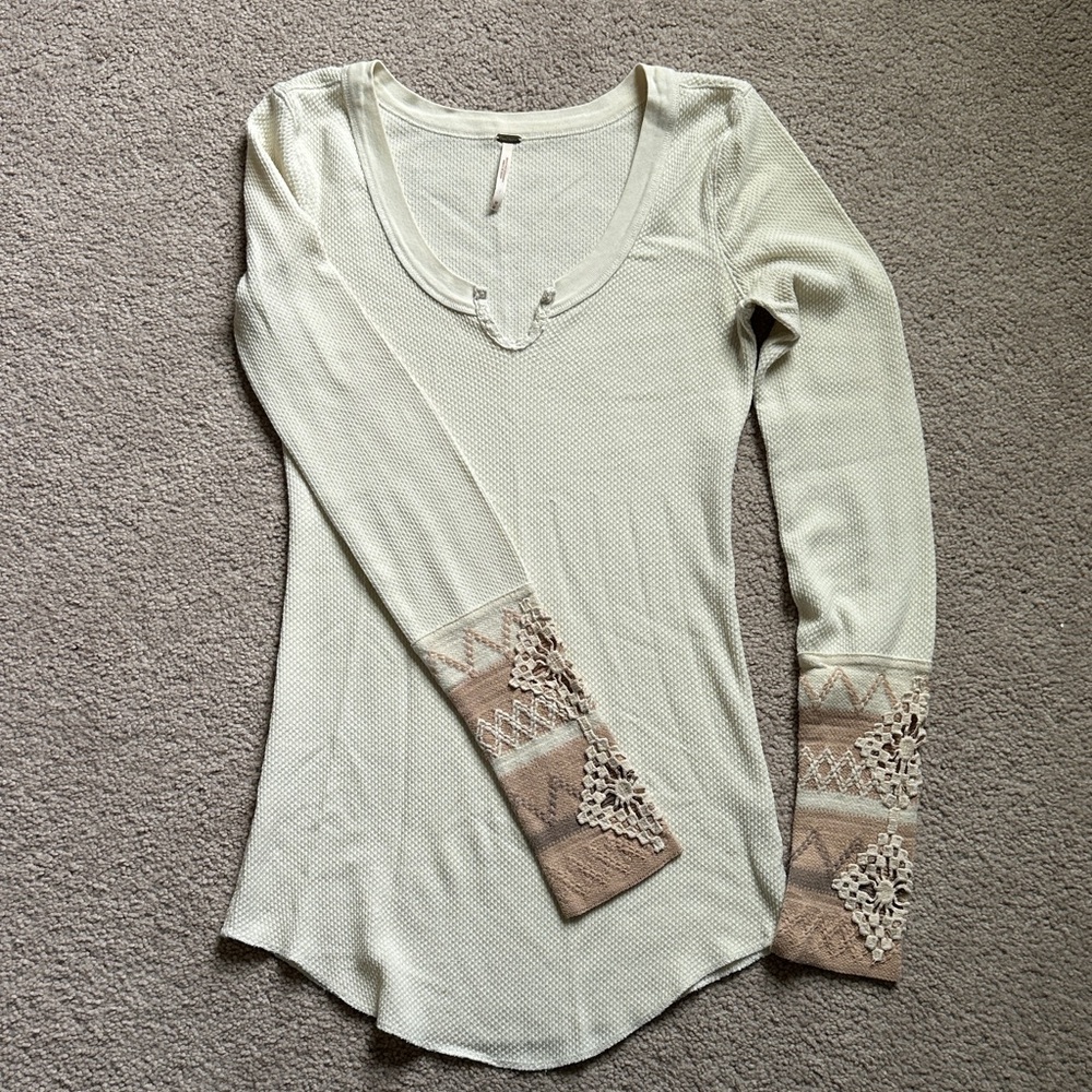 Free People Cream and Tan Lace Long Sleeve Top